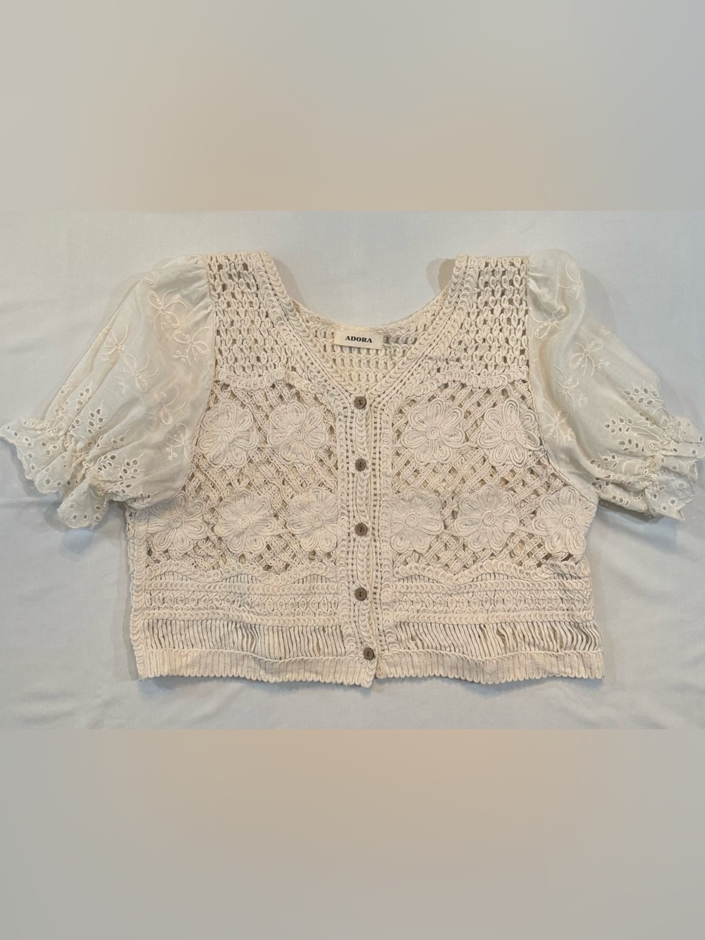 ADORA Boho Mixed Media Crotchet Puff Sleeve Cardigan Top Ivory/Cream One Size